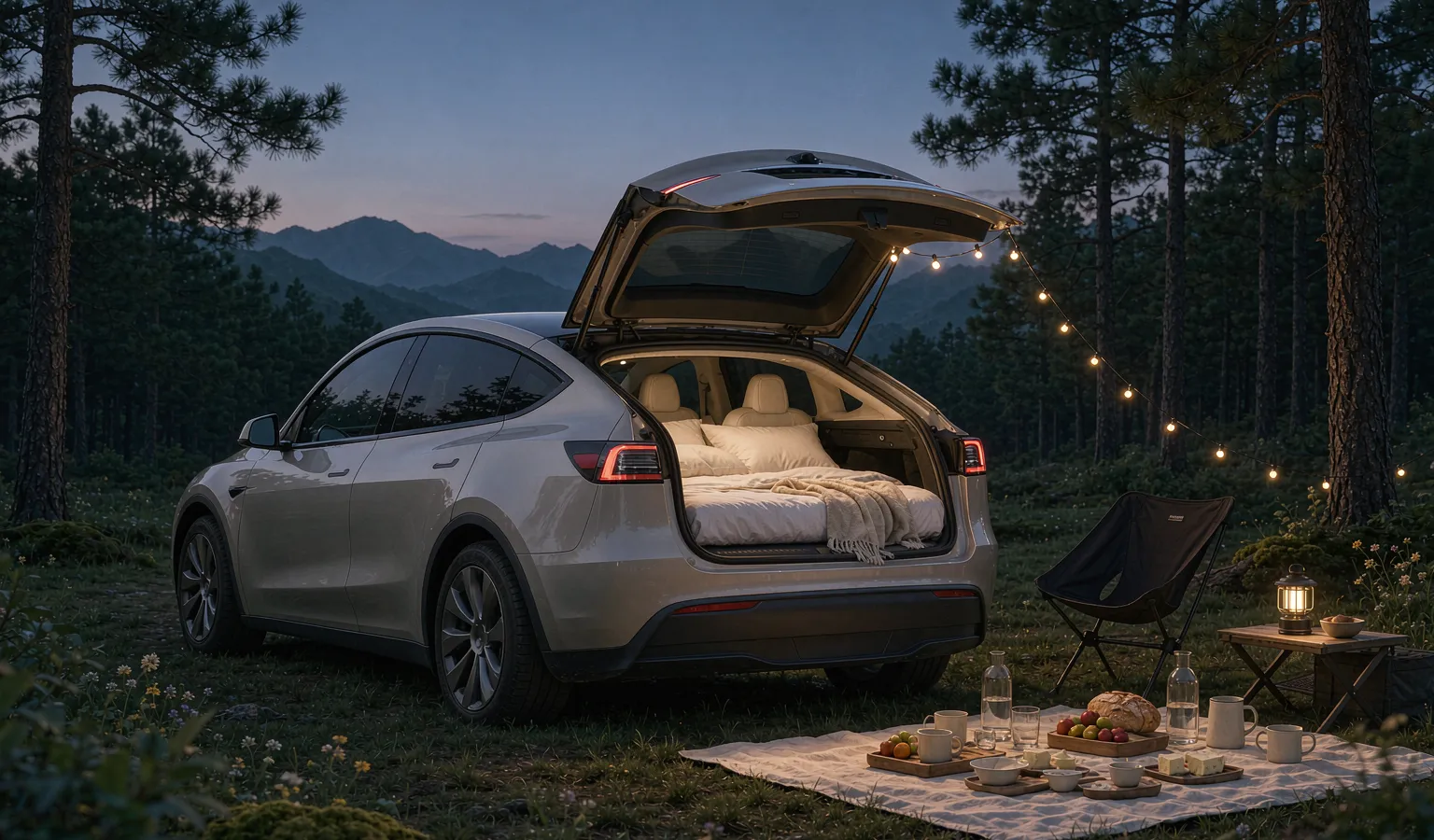 Silver SUV with a made-up bed in its open trunk at a forest campsite at dusk