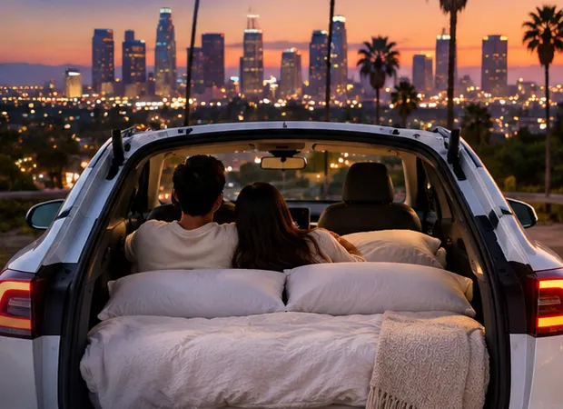 Two people sitting on a bed inside a white SUV with the trunk open, looking toward a city skyline at dusk