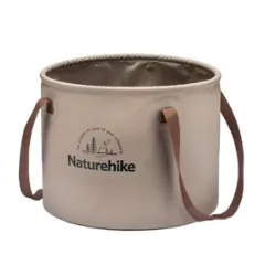 Light brown collapsible round bucket with two brown carry straps