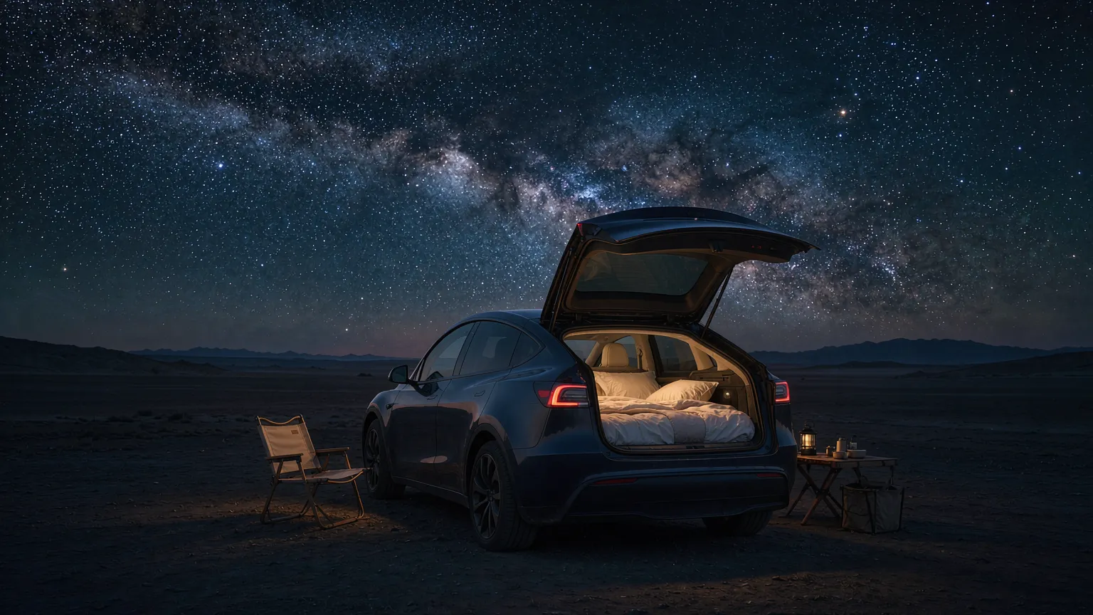 Dark SUV with a lit, made-up bed in its open trunk under a starry desert sky