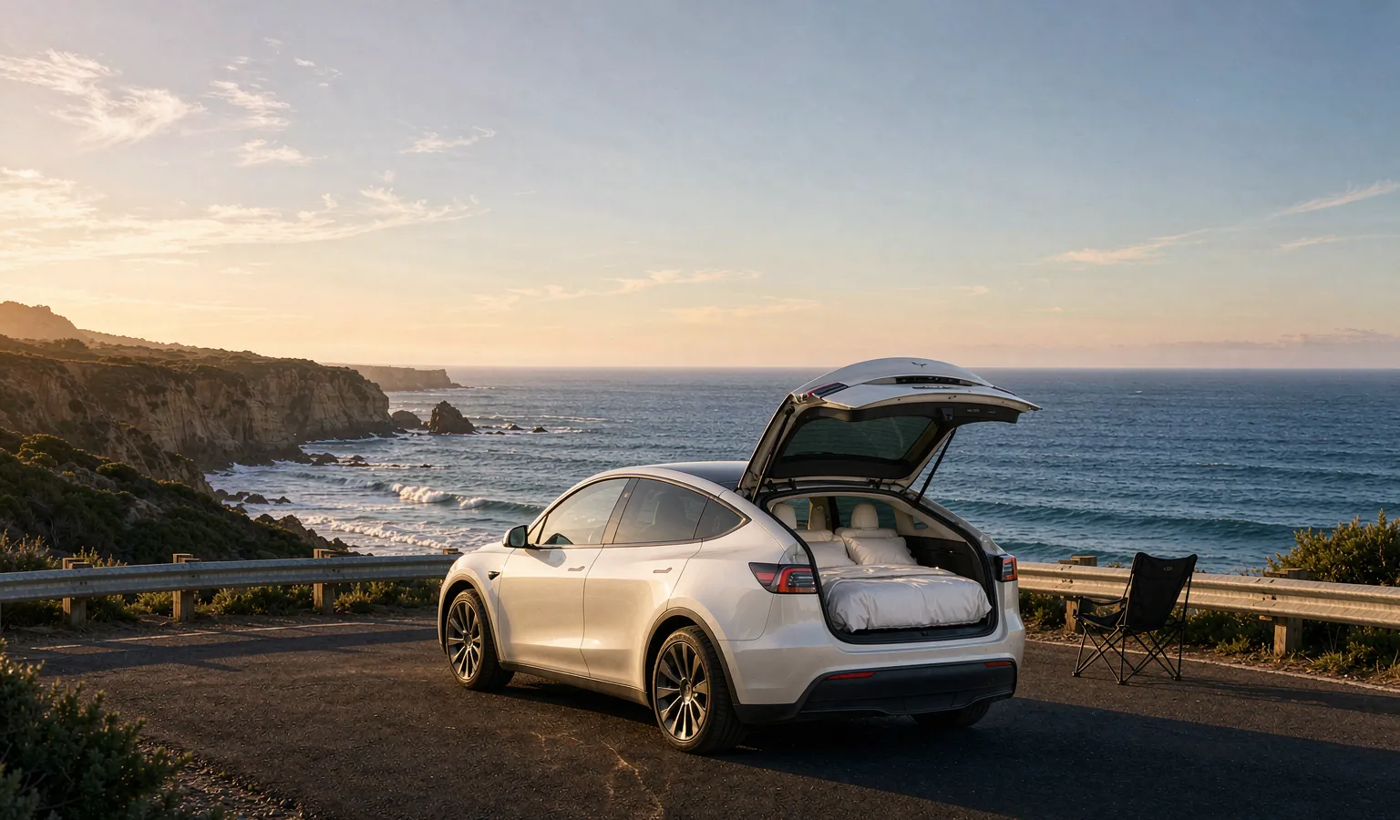 White Tesla Model Y parked at a coastal pull-out at sunset with its trunk open, a bed made up inside and a black folding camping chair beside it