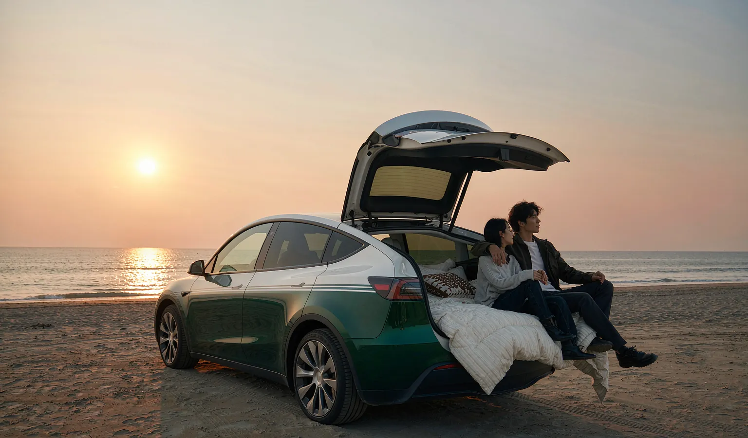 A couple sitting on bedding in the open trunk of an SUV on a beach at sunset